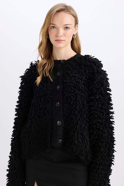 DeFacto Regular Fit Crew Neck Buttoned Tassel Knitwear Cardigan E7750Ax24Cw