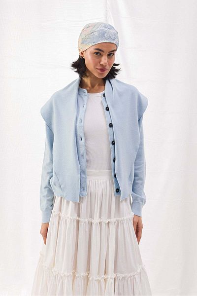 Tailors Room Cardigan din bumbac - Detaliu șal, Baby Blue