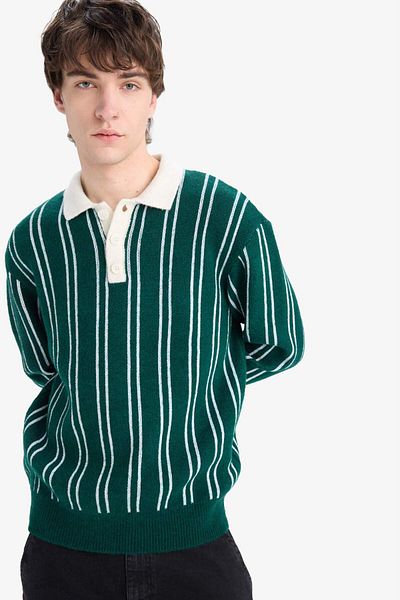 DeFacto Relax Fit Polo Neck Striped Knitwear Sweater E8400Ax24Wn