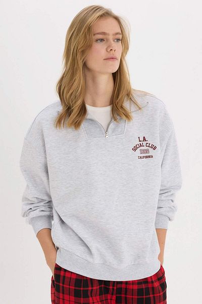 DeFacto Oversize Printed Thick Sweatshirt - Zip-Up, Stand Collar E9281Ax25Sp