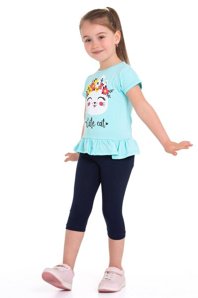 zepkids Crew Neck Cat Printed Mint Color Girls' Tights Set