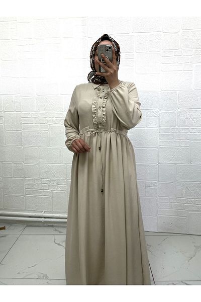 Zeynep Butik Ayrobin Fabric Front Buttoned Stone and Ruffle Detailed Hijab Dress 1810