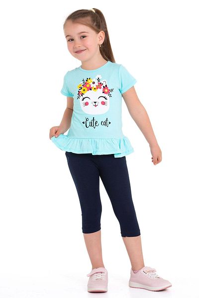zepkids Crew Neck Cat Printed Mint Color Girls' Tights Set