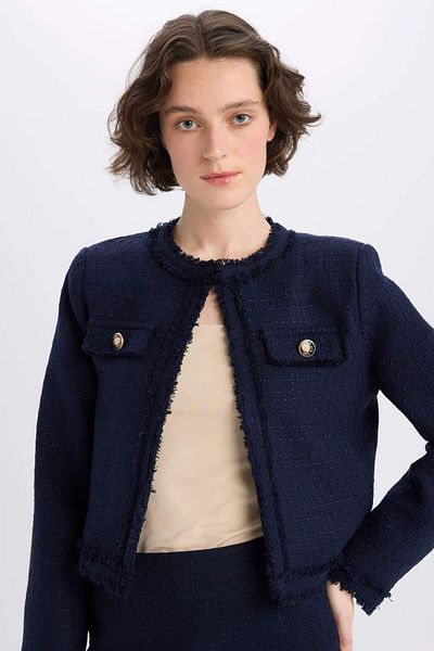 DeFacto Crop Crew Neck Tweed Blazer Jacket D5040AX25SP