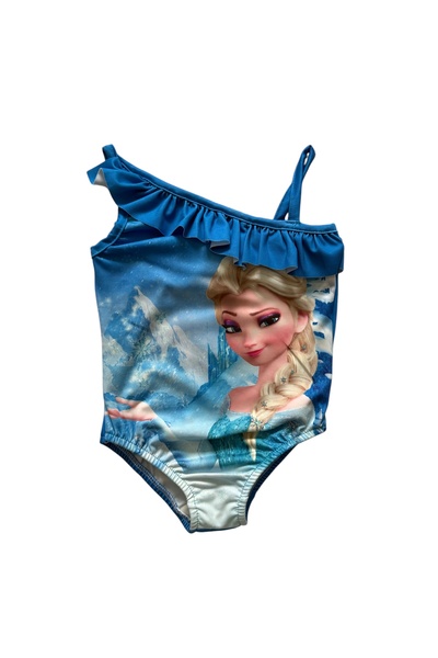 Şekerkids ملابس سباحة للفتيات ذات ياقة مكشكشة باللون الأزرق ومزينة بنقشة Frozen