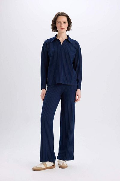 DeFacto Relax Fit Polo Neck Basic Plain Ribbed Camisole Long Sleeve T-Shirt B2404Ax25Sp