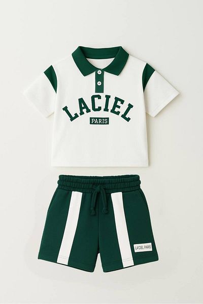 MİO Costum pentru băiat din bumbac verde cu guler polo