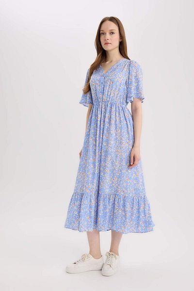 DeFacto Kurzärmliges Midikleid mit normaler Passform und V-Ausschnitt E8664AX25SM