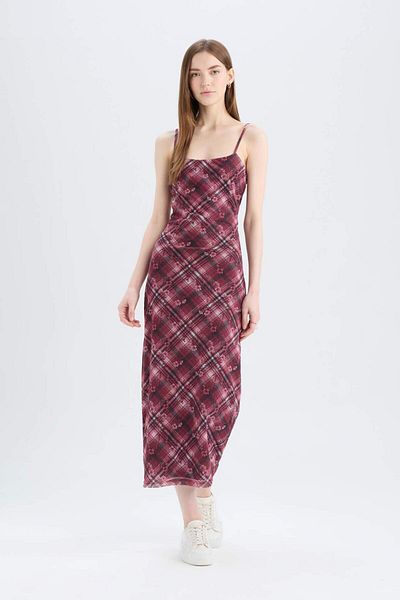 DeFacto Figurbetontes, körperbetontes, kariertes Tüll-Maxikleid mit Trägern D5034AX25SP
