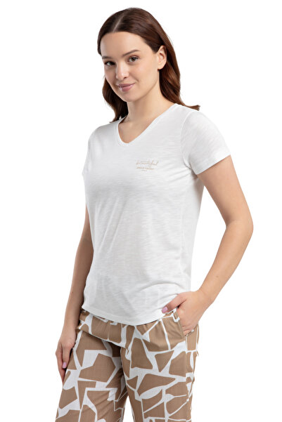 Pierre Cardin Γυναικεία κρεμ κοντομάνικη τσέπη με λαιμόκοψη V σετ πιτζάμες VR.PC.K90.t15.Yd1
