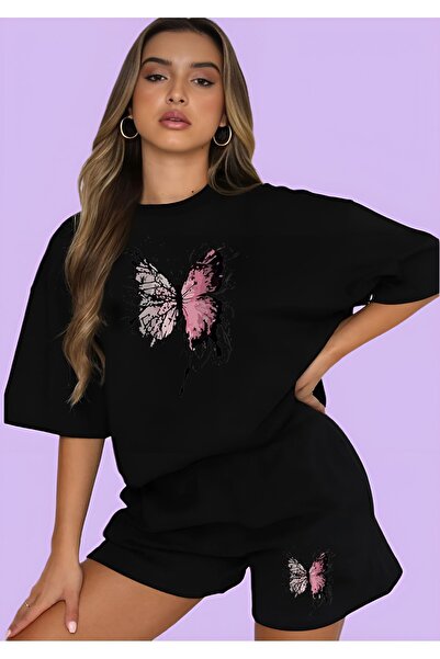 Gisha تي شيرت وشورت بنقشة الفراشة - شورت أسود وتي شيرت أسود، طقم رياضي من الق...