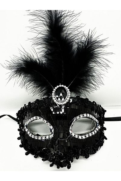 SAVA HOME COLLECTİON Black Color Sequined Sequin Feather Party Mask 17X20 cm