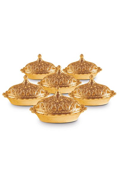 Sena 6 Pieces Motif Embroidered Oval Metal Turkish Delight Bowl (357-6)