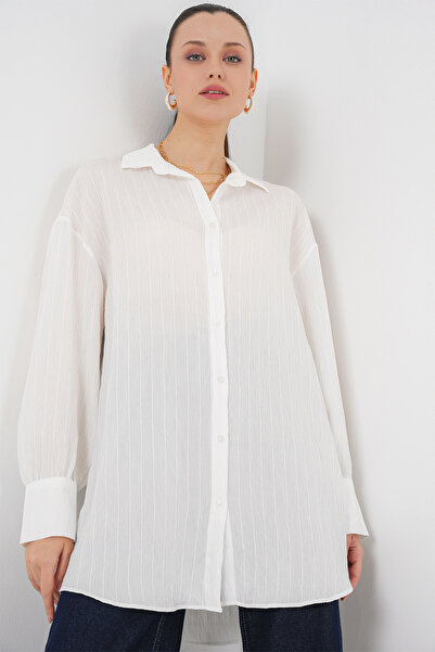 Bigdart Kadın Çizgili Uzun Gömlek Tunik 5963 - Beyaz