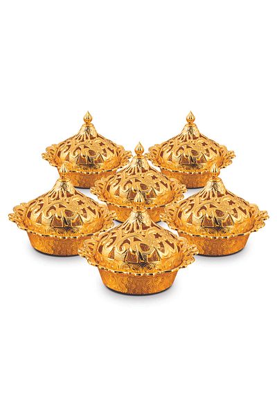 Sena 6 Pieces Motif Embroidered Round Metal Turkish Delight Bowl (356-6)