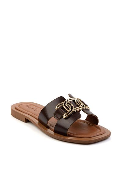Bambi Brown Genuine Leather Women's Slippers K 04826053503