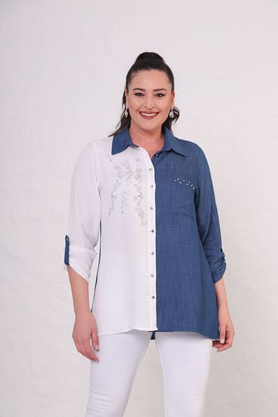 Mezure Buttoned Stone Cotton Blouse Large Size