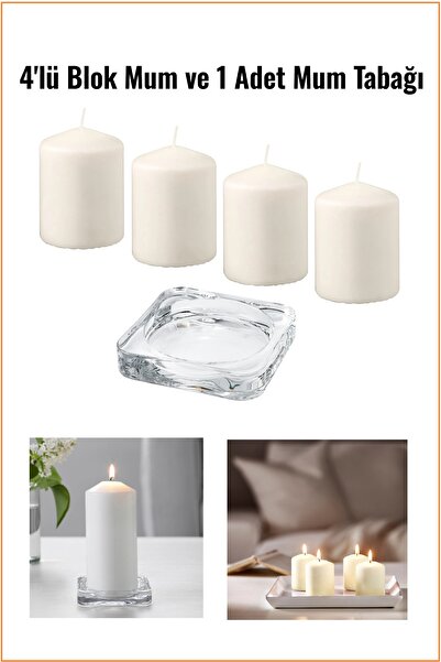 IKEA 4'lü Kokusuz Naturel Blok Mum ve 1 Adet Mum Tabağı