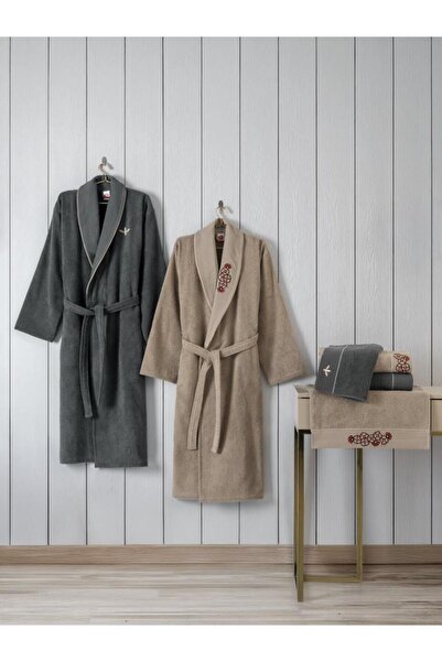 AyrStore Aile Bornoz Seti Yamka Bej-Antrasit