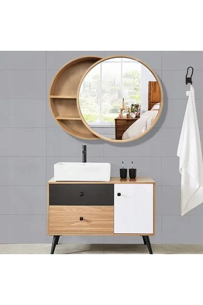 HOME CREATION Oglindă de baie cu dulap din MDF, diametru 50 cm
