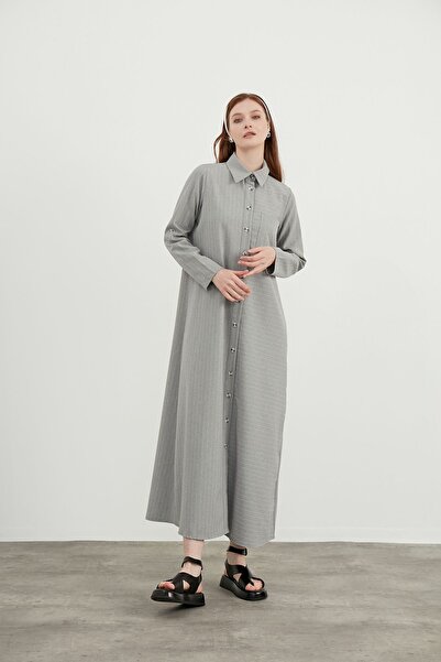 Birgül Bektaş Gri Çizgili Elbise