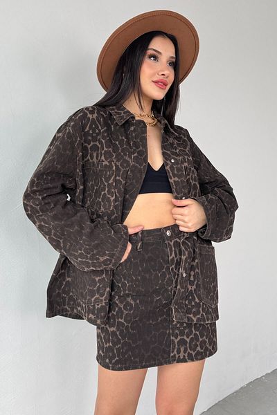 Cappmoda TKM-03693 Μίνι φούστα τζιν μπουφάν Leopard Pattern Σετ δύο τεμαχίων