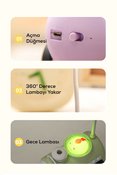 Arfseb Sevimli Oyuncak Tren, 360° Dönebilen Kalem Traş Özellikli Led Gece Lambası-pembe