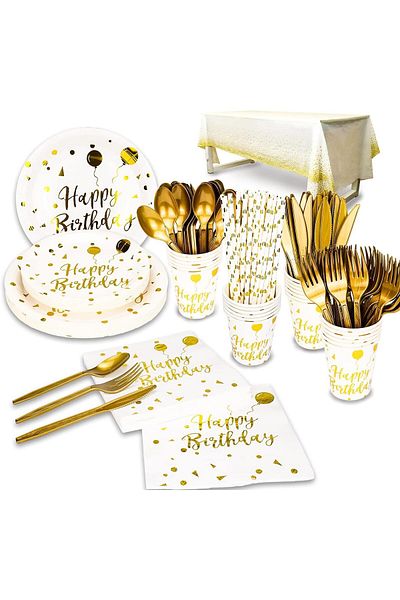 COOYA 201 Pieces Disposable Dinnerware Set, Suitable Birthday Party, for 25 Guests(White)