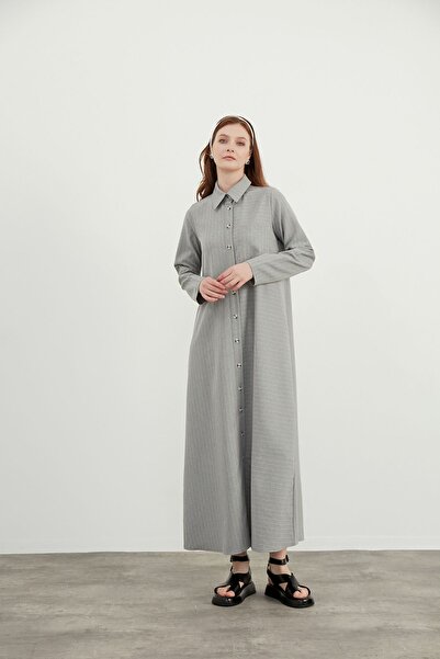 Birgül Bektaş Gri Çizgili Elbise