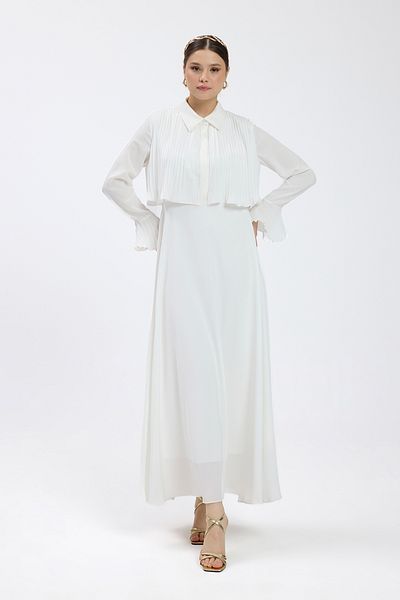 Birgül Bektaş Ecru Cuff Detailed Pleated Dress