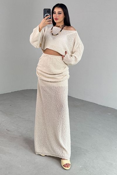 Cappmoda Tkm-03697 Ecru Spider Knitwear Fabric Loose Long Sleeve Blouse Waist Detailed Skirt Double Set