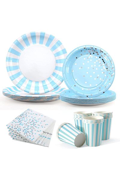 COOYA Disposable Party Tableware Set, for Birthday Parties Festivals(64 Pcs 1 Set, Blue)