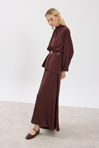 Birgül Bektaş Kahverengi Büzgü Yaka Detaylı Bluz