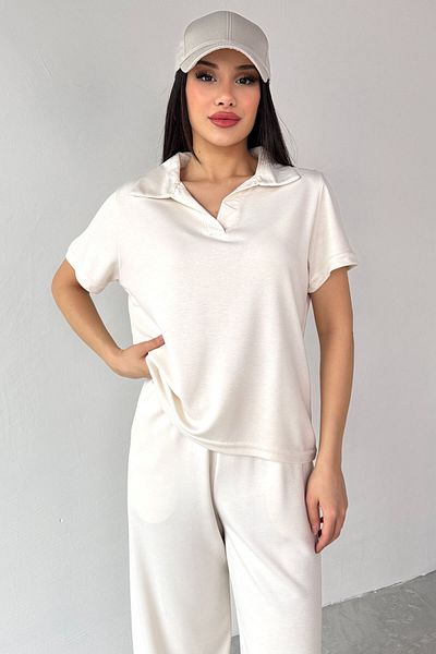 Cappmoda Tkm-03690 Ecru Polo Neck Blouse Loose Trousers Double Set