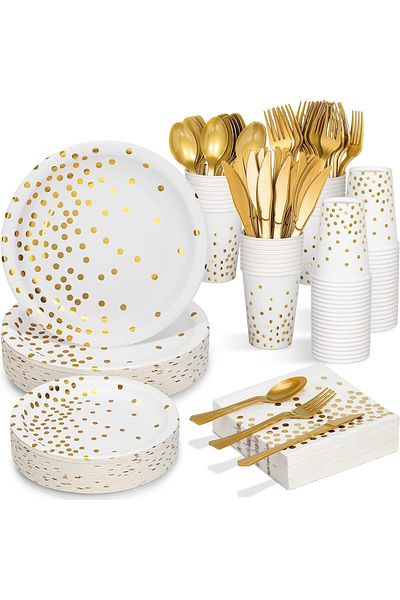 COOYA 350PCS Disposable Dinnerware Set, Party Supplies, for Birthday Graduation Wedding (White)