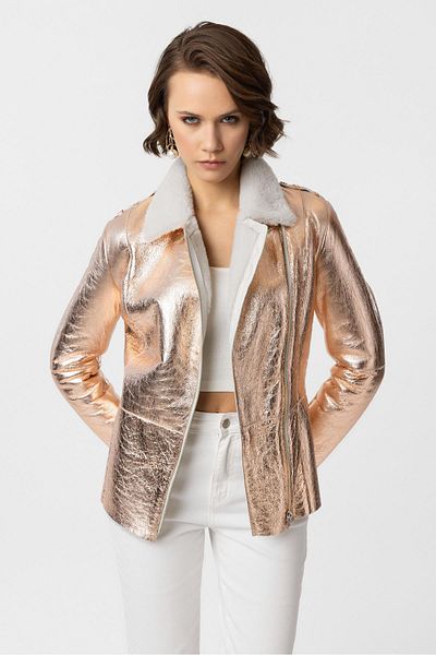Deriderim Rose Shine Zippered Biker Women's Genuine Leather Coat