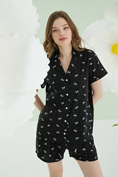 NBB Black Bow Front Buttoned Shorts Pajama Set