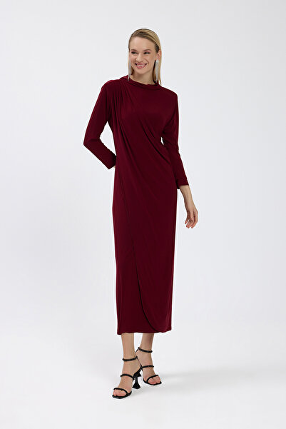 Birgül Bektaş Burgundy Drape Detailed Dress