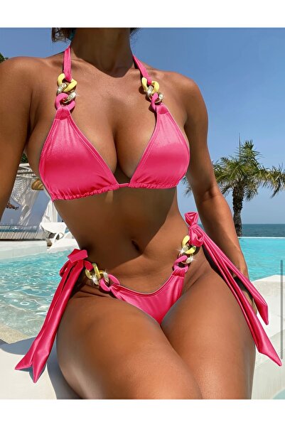 mon chemin V yaka parlak kumaş fosforluzi gold zincir detaylı pink bikini takımı