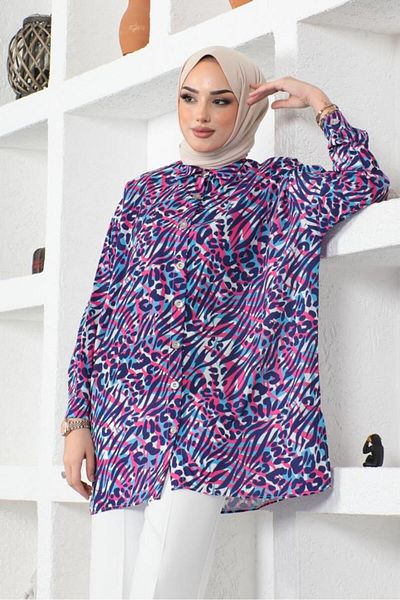 giyze Patterned Hijab Shirt Purple 8882
