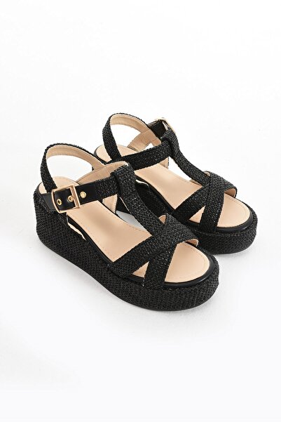 Seniorah Women's Black Straw Wedge Heeled Sandals - Vuelo