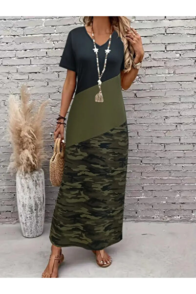 fh fashionhere Kadın Kısa Kollu Bisiklet Yaka çok Renkli Maksi Viskon Elbise