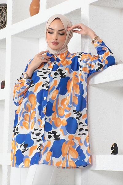 giyze Patterned Hijab Shirt Saks Blue 8885