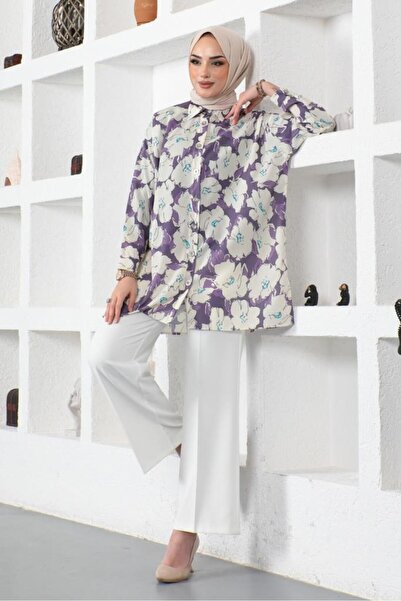 giyze Desenli Tesettür Gömlek Lila 8889