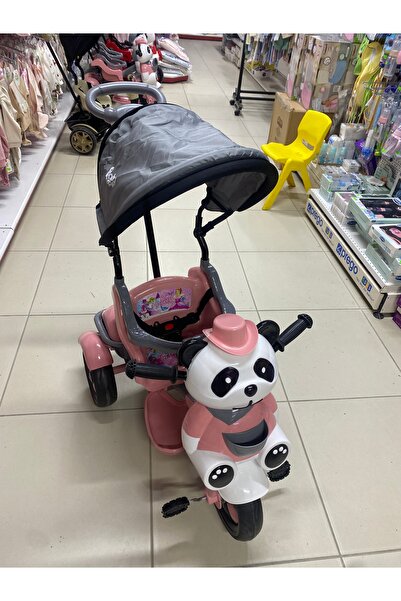 BabyHope 127 Panda Üç Tekerlekli Tenteli Ebeveyn Kontrollü Bisiklet Çocuk Bisikleti Pembe