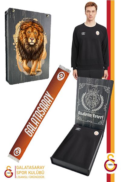 Galatasaray Оригинален лицензиран комплект шалове с нулева яка и черен потник, подаръчна дървена кутия