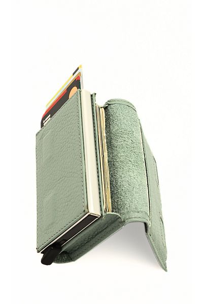 willpolo Genuine Calfskin Natural Pouch Compartment Mechanism Automatic Water Green Card Holder Wallet