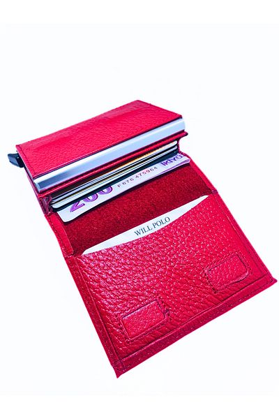 willpolo Genuine Calfskin Natural Pouch Compartment Mechanism Automatic Red Card Holder Wallet