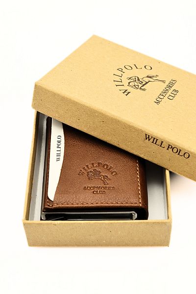 willpolo Genuine Calfskin Natural Pouch Compartment Mechanism Automatic Tan Card Holder Wallet