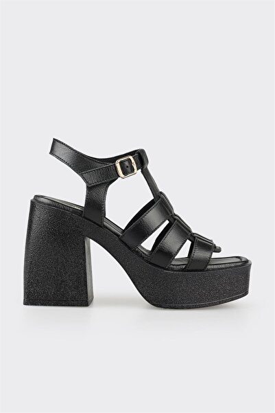 Elle Shoes Siyah Deri Kadın Topuklu Sandalet
